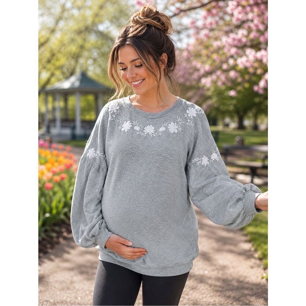 Isabel Maternity by Ingrid & Isabel Floral Embroidered Yoke Sweatshirt Grey M